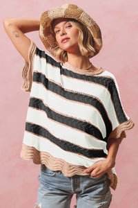 So Me Open Knit Multi Color Striped Top in Off White/Black ON ORDER