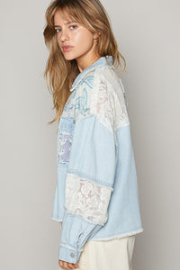 POL Mixed Print and Denim Jacket in Denim Multi