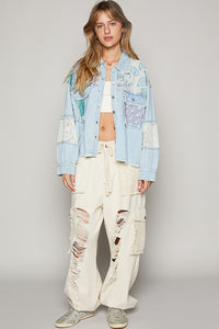 POL Mixed Print and Denim Jacket in Denim Multi