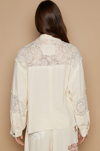 POL Mixed Print and Denim Jacket in Cream Multi