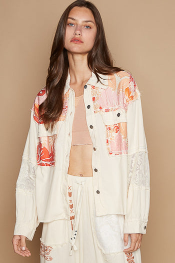POL Mixed Print and Denim Jacket in Cream Multi