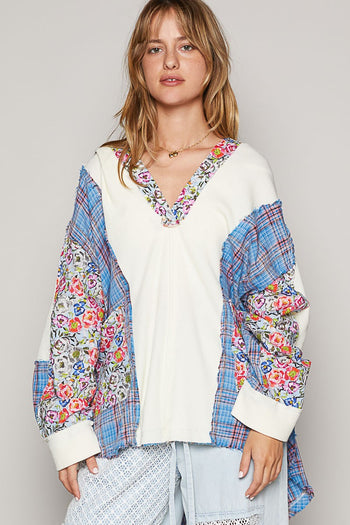 POL Oversized Thermal Top with Floral and Plaid Print in Pool Blue Multi Shirts & Tops POL Clothing   