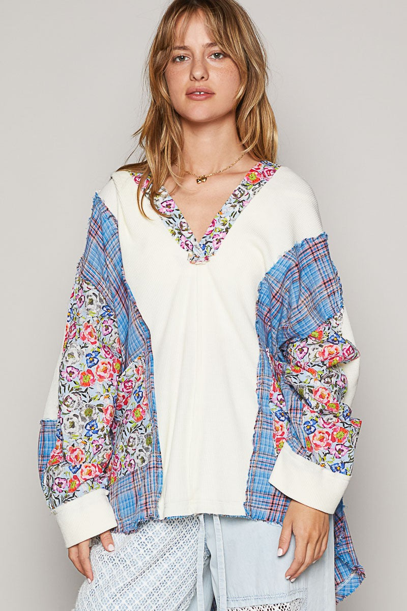POL Oversized Thermal Top with Floral and Plaid Print in Pool Blue