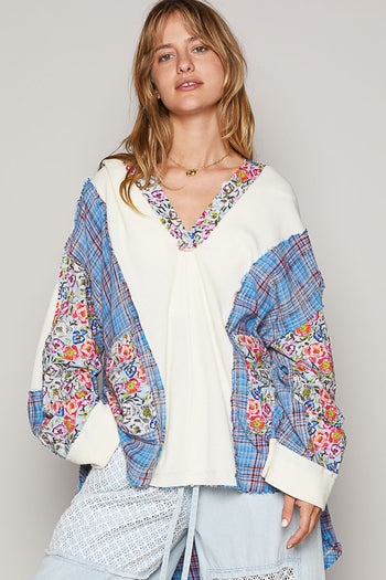 POL Oversized Thermal Top with Floral and Plaid Print in Pool Blue Multi Shirts & Tops POL Clothing   