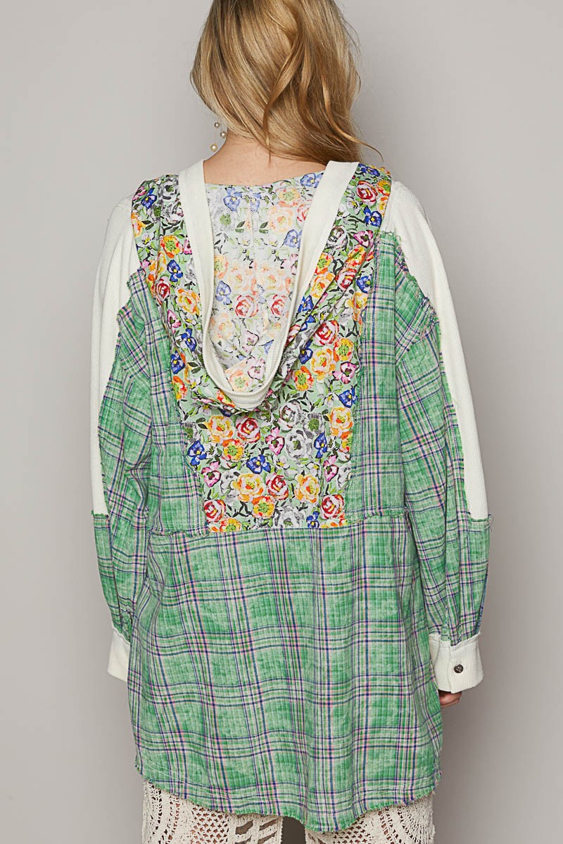 トップス INDIA PRINT TURN OVER BLOUSE POL Oversized Thermal Top with Floral and Plaid Print in Clover