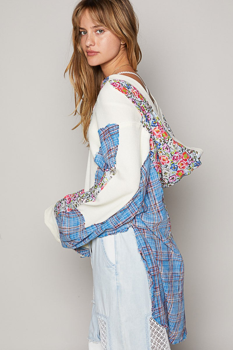POL Oversized Thermal Top with Floral and Plaid Print in Pool Blue