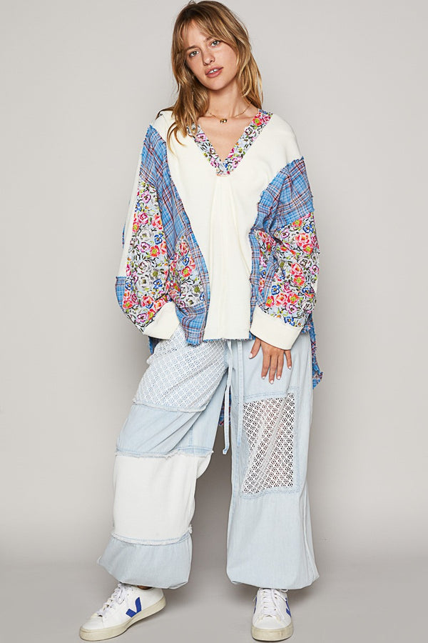 POL Oversized Thermal Top with Floral and Plaid Print in Pool Blue Multi Shirts & Tops POL Clothing   