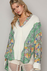 POL Oversized Thermal Top with Floral and Plaid Print in Clover Green Multi Shirts & Tops POL Clothing   