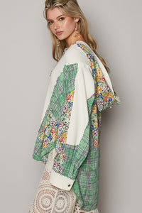 POL Oversized Thermal Top with Floral and Plaid Print in Clover Green Multi Shirts & Tops POL Clothing   