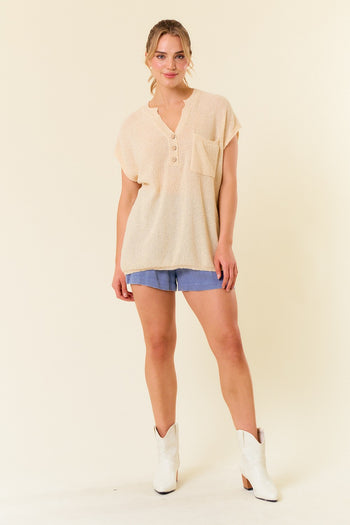 Doe & Rae OVERSIZED Henley Sweater Top in Natural