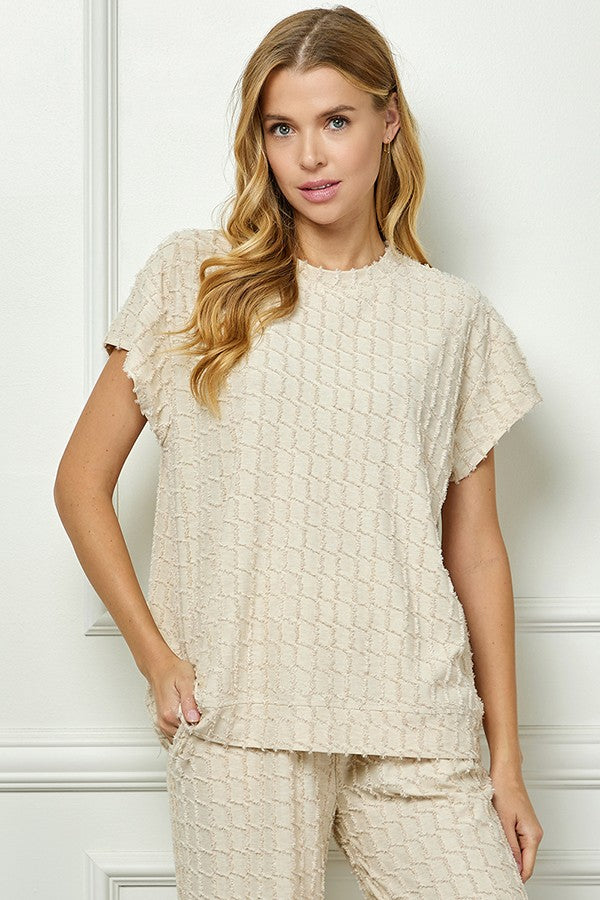 See and Be Seen Glitter Textured Short Sleeve Top in Cream Shirts & Tops See and Be Seen   