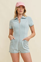 Cloud Ten Fitted Denim Zip Up Romper in Light Denim
