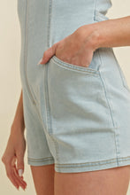 Load image into Gallery viewer, Cloud Ten Fitted Denim Zip Up Romper in Light Denim
