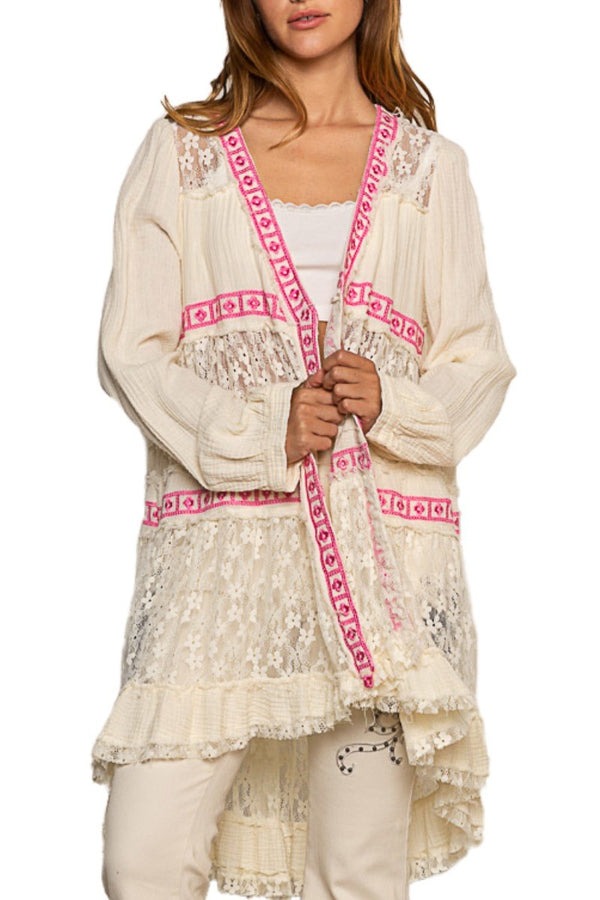 POL Lace and Double Gauze Open Front Cardigan in Natural Shirts & Tops POL Clothing   