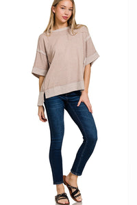 Solid Color Mineral Washed Contrasting Trim Top in Ash Mocha Shirts & Tops Zenana   