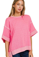 Load image into Gallery viewer, Solid Color Mineral Washed Contrasting Trim Top in Fuchsia Shirts &amp; Tops Zenana   
