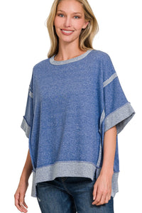 Solid Color Mineral Washed Contrasting Trim Top in Light Navy Shirts & Tops Zenana   