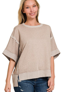 Solid Color Mineral Washed Contrasting Trim Top in Ash Mocha Shirts & Tops Zenana   
