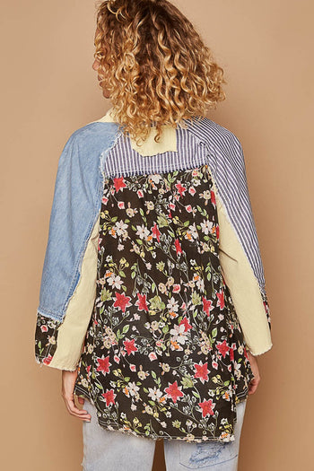 POL Oversized Mixed Print Top with Raglan Sleeves in Denim/Black