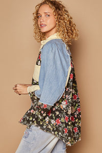 POL Oversized Mixed Print Top with Raglan Sleeves in Denim/Black