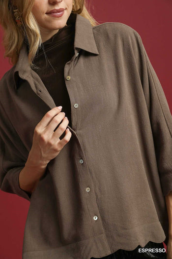 Umgee Linen Scallop Hem Button-Down Blouse in Espresso