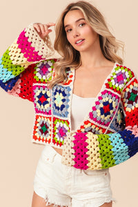 BiBi CROPPED Open Front Crochet Granny Square Cardigan in Ivory Multi