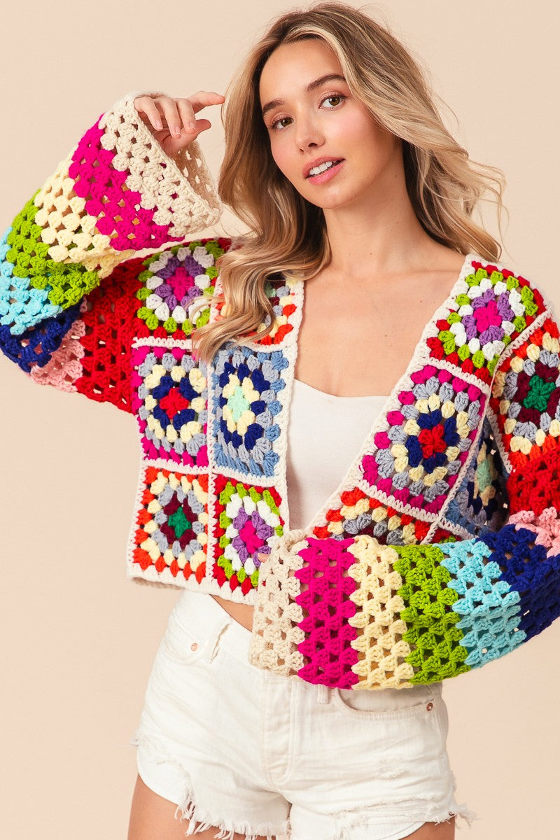 BiBi CROPPED Open Front Crochet Granny Square Cardigan in Ivory Multi