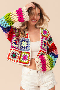 BiBi CROPPED Open Front Crochet Granny Square Cardigan in Ivory Multi