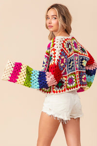 BiBi CROPPED Open Front Crochet Granny Square Cardigan in Ivory Multi