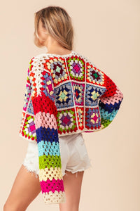 BiBi CROPPED Open Front Crochet Granny Square Cardigan in Ivory Multi