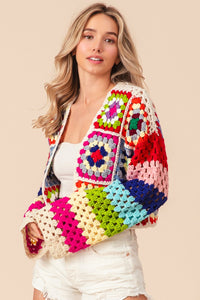 BiBi CROPPED Open Front Crochet Granny Square Cardigan in Ivory Multi