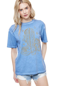 "Puff" Cowboy Boots & Rose Graphic Tee in Blue