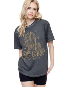 "Puff" Cowboy Boots & Rose Graphic Tee in Black