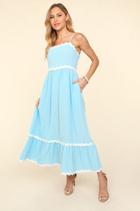 Haptics Solid Color Maxi Dress with Contrasting Ric Rac Trim in Light Blue