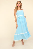 Haptics Solid Color Maxi Dress with Contrasting Ric Rac Trim in Light Blue