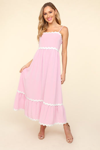 Haptics Solid Color Maxi Dress with Contrasting Ric Rac Trim in Lilac FINAL SALE