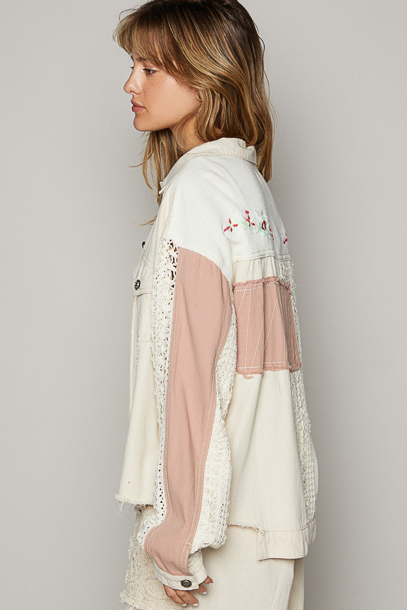 POL Oversized Crochet and Embroidery Jacket in Ivory – June Adel