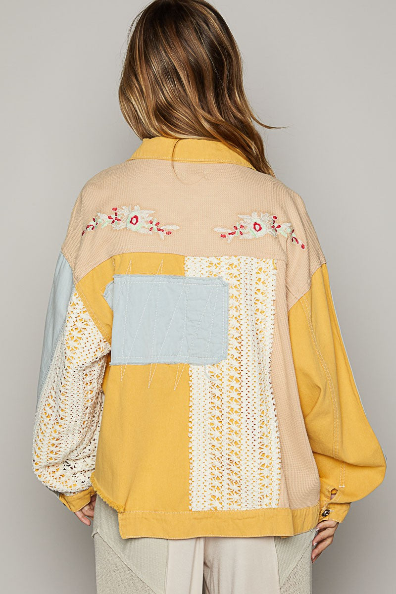 POL Oversized Crochet and Embroidery Jacket in Ginkgo Yellow