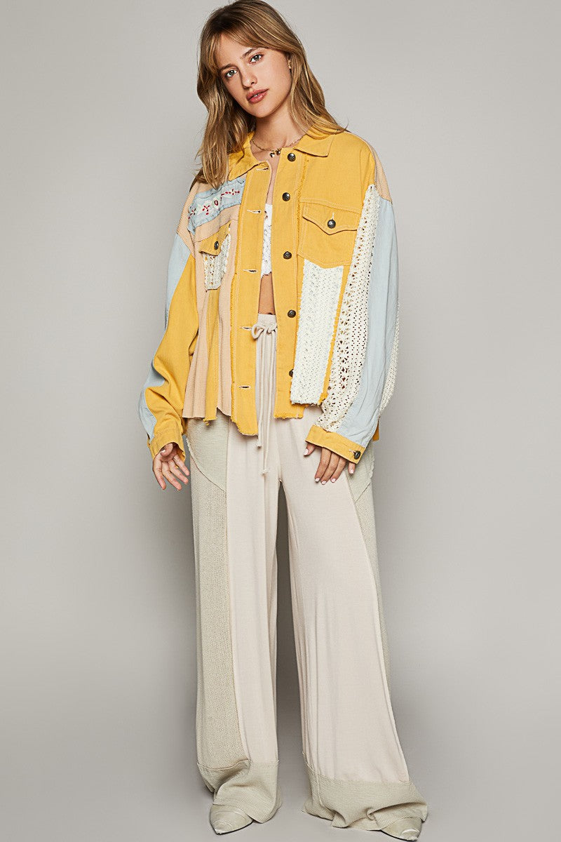 POL Oversized Crochet and Embroidery Jacket in Ginkgo Yellow