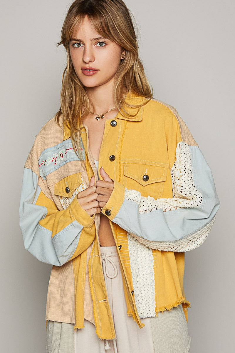 POL Oversized Crochet and Embroidery Jacket in Ginkgo Yellow