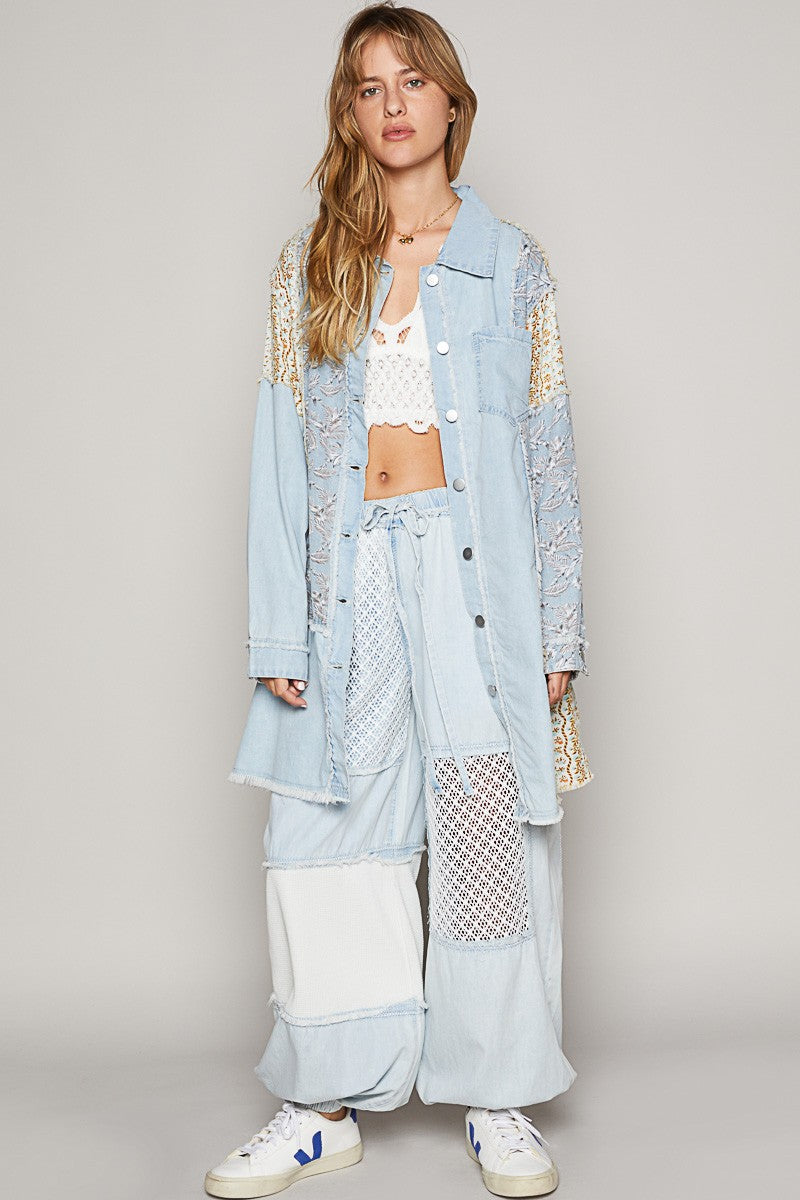 POL Oversized Patchwork Shacket in Denim Multi