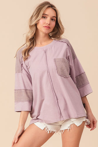 BiBi Solid Color Jersey Knit and Gauze Top in Dusty Lavender Shirts & Tops BiBi   