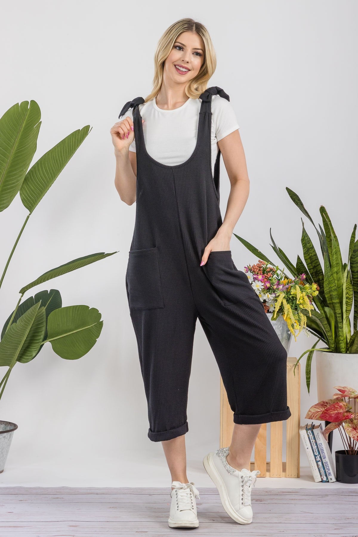 Celeste Ribbed Capri Length Jumpsuit in Black – June Adel