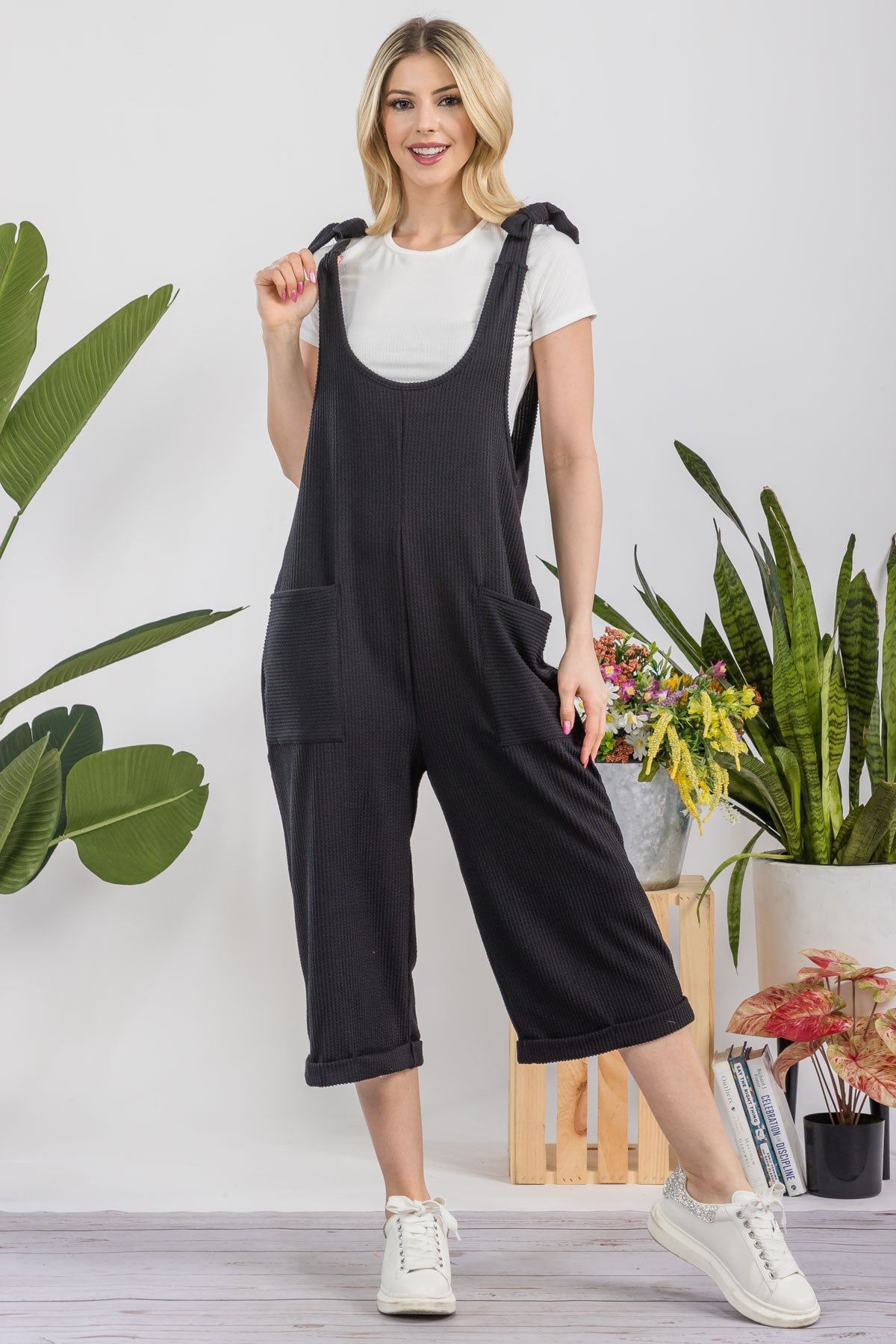 Celeste Ribbed Capri Length Jumpsuit in Black – June Adel