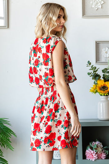 First Love Sleeveless Floral Print Mini Dress in Red/Beige