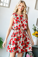 First Love Sleeveless Floral Print Mini Dress in Red/Beige