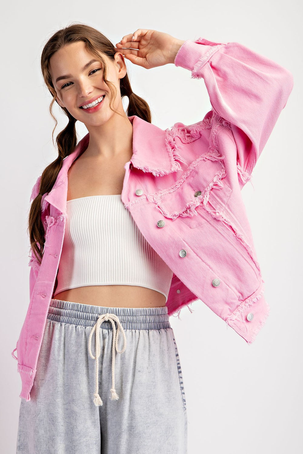 ee:some Mineral Washed Distressed Denim Jacket in Bubble Pink
