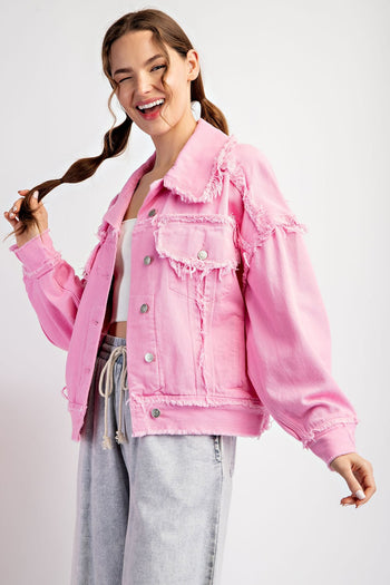 ee:some Mineral Washed Distressed Denim Jacket in Bubble Pink