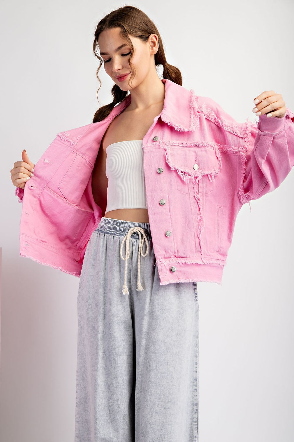 ee:some Mineral Washed Distressed Denim Jacket in Bubble Pink