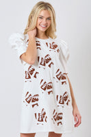 Peach Love Terry Knit Mini Dress with Football Bow Patches in White